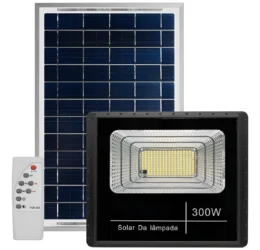 Refletor Solar led holofote 300w placa bateria prova dágua carcaça preto luz branco-frio